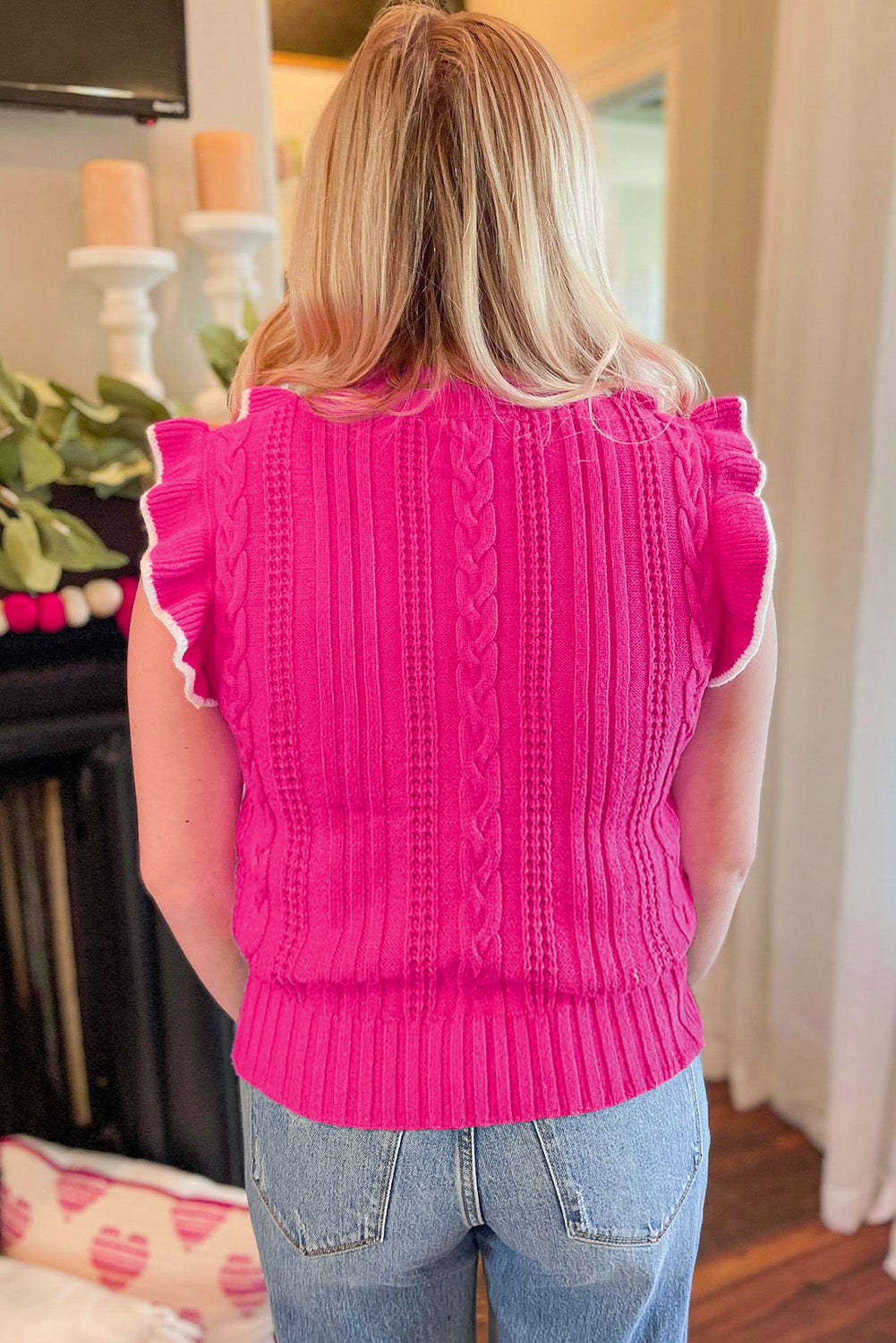 Erdbeerrosa strukturierter strick mit gerafftem halsausschnitt pullover tank