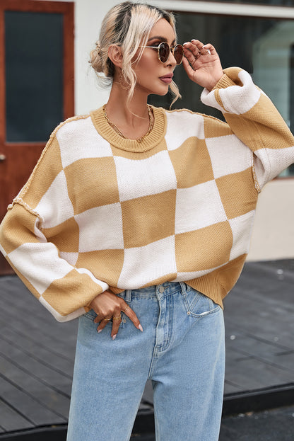 Khaki karierter pullover mit läuferärmeln
