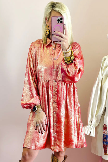 Peach blossom metallic sheen puffärmel button up mini shirt kleid