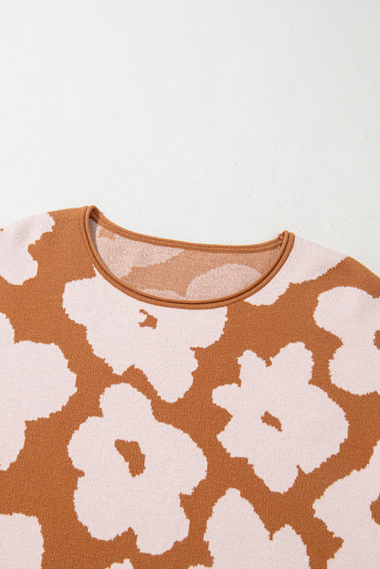Braunes blumenmuster rundhalsausschnitt langarm pullover