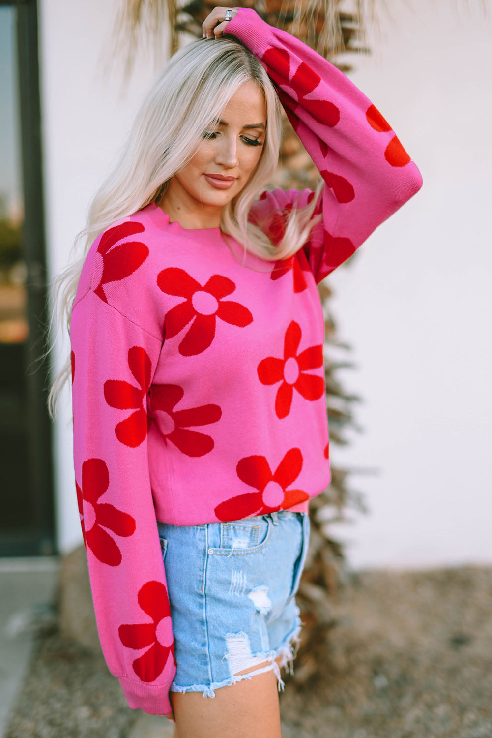Rose big flower strickpullover mit gerippten abschlüssen