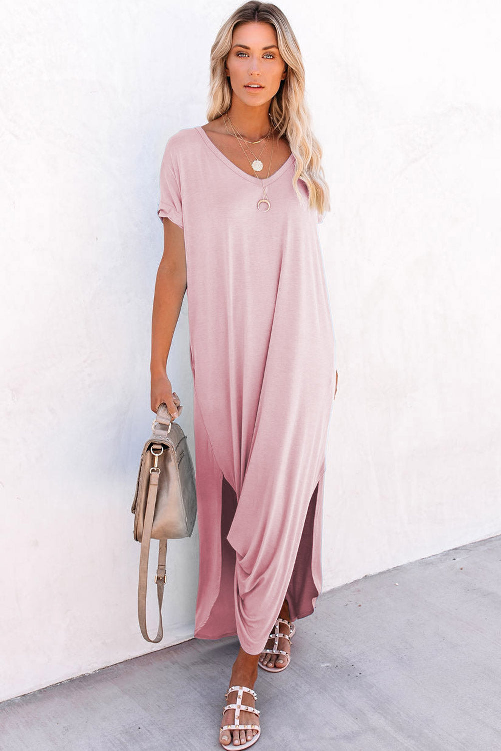 Rosa v-ausschnitt mit versteckten taschenschlitzen maxi-t-shirt-kleid
