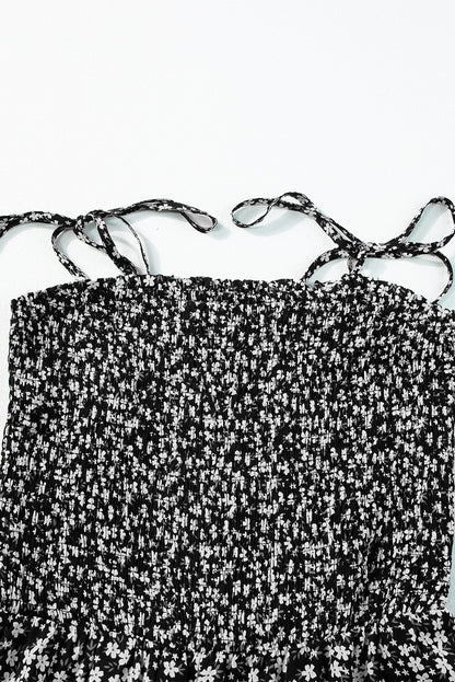 Schwarzer schmaler riemen gesmokter mieder weites bein floraler jumpsuit