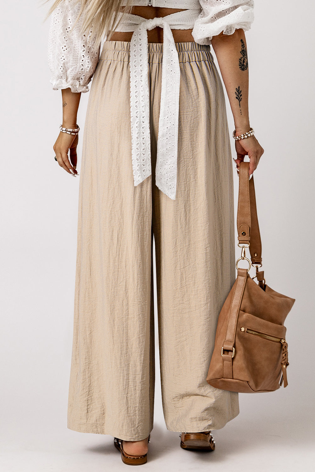 Beige kordelzug taille plissiert weites bein freizeithose