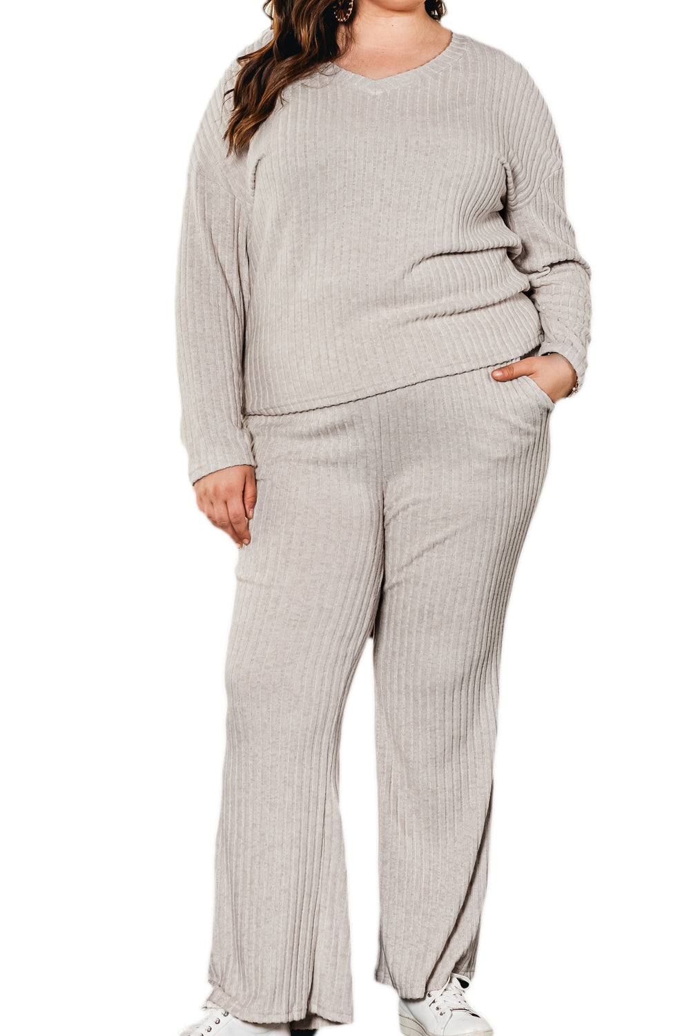 Pergament plus größe gerippt v-ausschnitt pullover und hose set