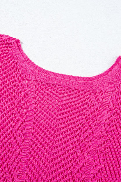 Rose red pointelle knit jakobsmuschel rand kurzarm top
