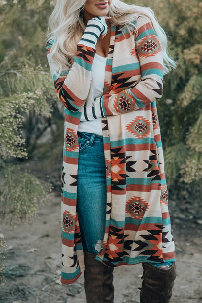 Mehrfarbig geometrisch farbe block offene vorderseite lange strickjacke