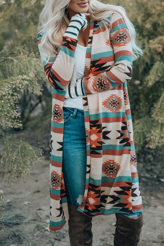 Mehrfarbig geometrisch farbe block offene vorderseite lange strickjacke