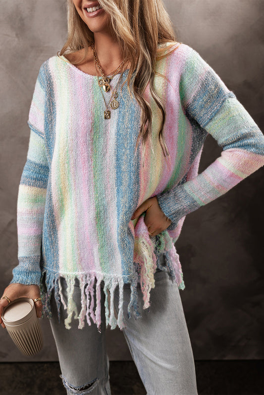 Lila farbe block fransen drop shoulder tunika pullover