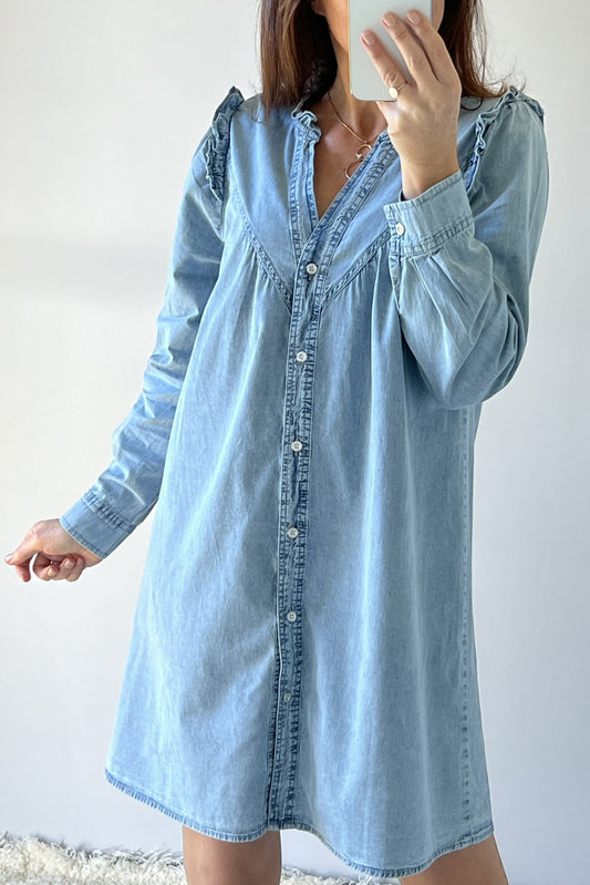 Myosotis Geraffter V-Ausschnitt Geknöpftes Shift-Denim-Kleid