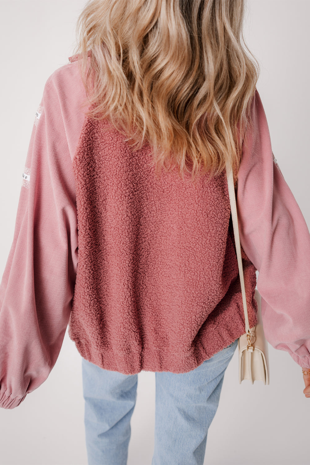 Rosa sherpa patchwork spitze elastische manschette zip up jacke