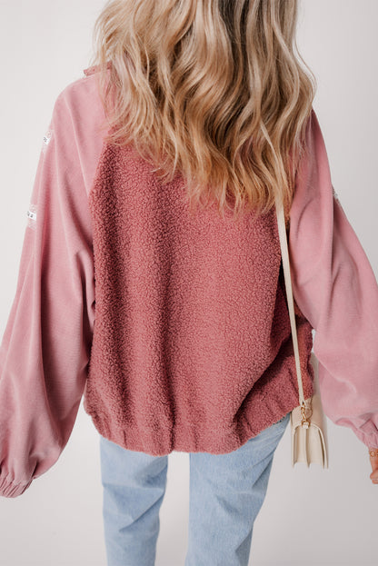 Rosa sherpa patchwork spitze elastische manschette zip up jacke