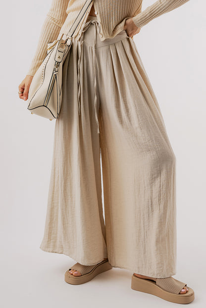 Beige kordelzug taille plissiert weites bein freizeithose