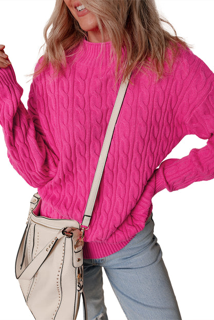 Rose red solid kabel stricken hohen hals drop shoulder pullover