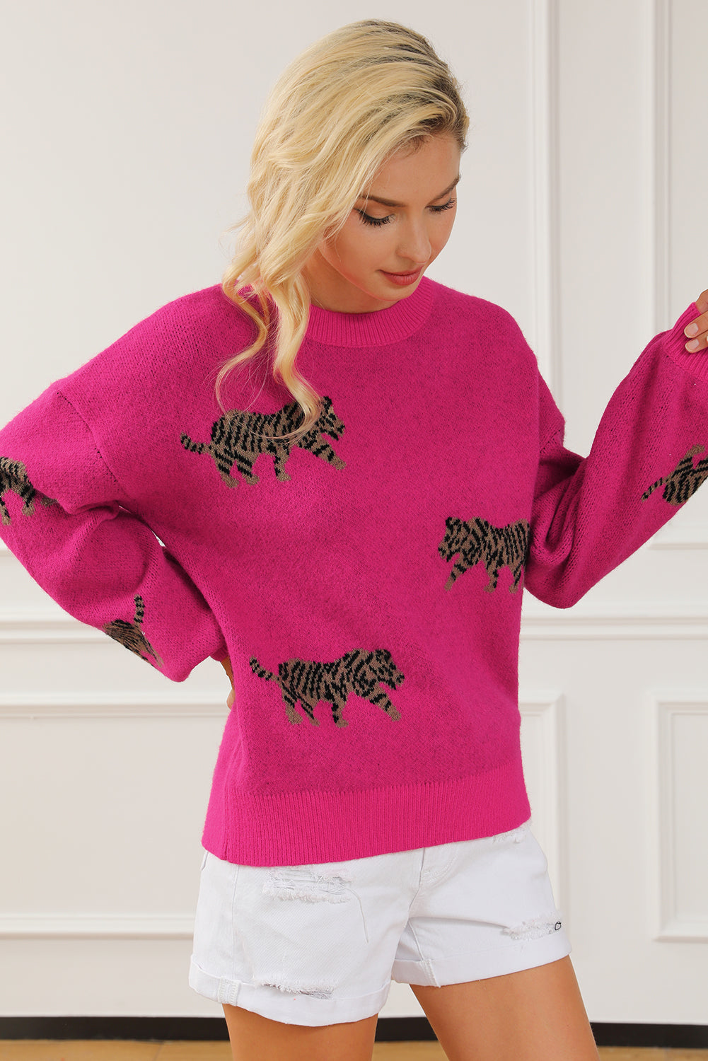 Rose rot fierce animal pattern casual pullover gestrickt