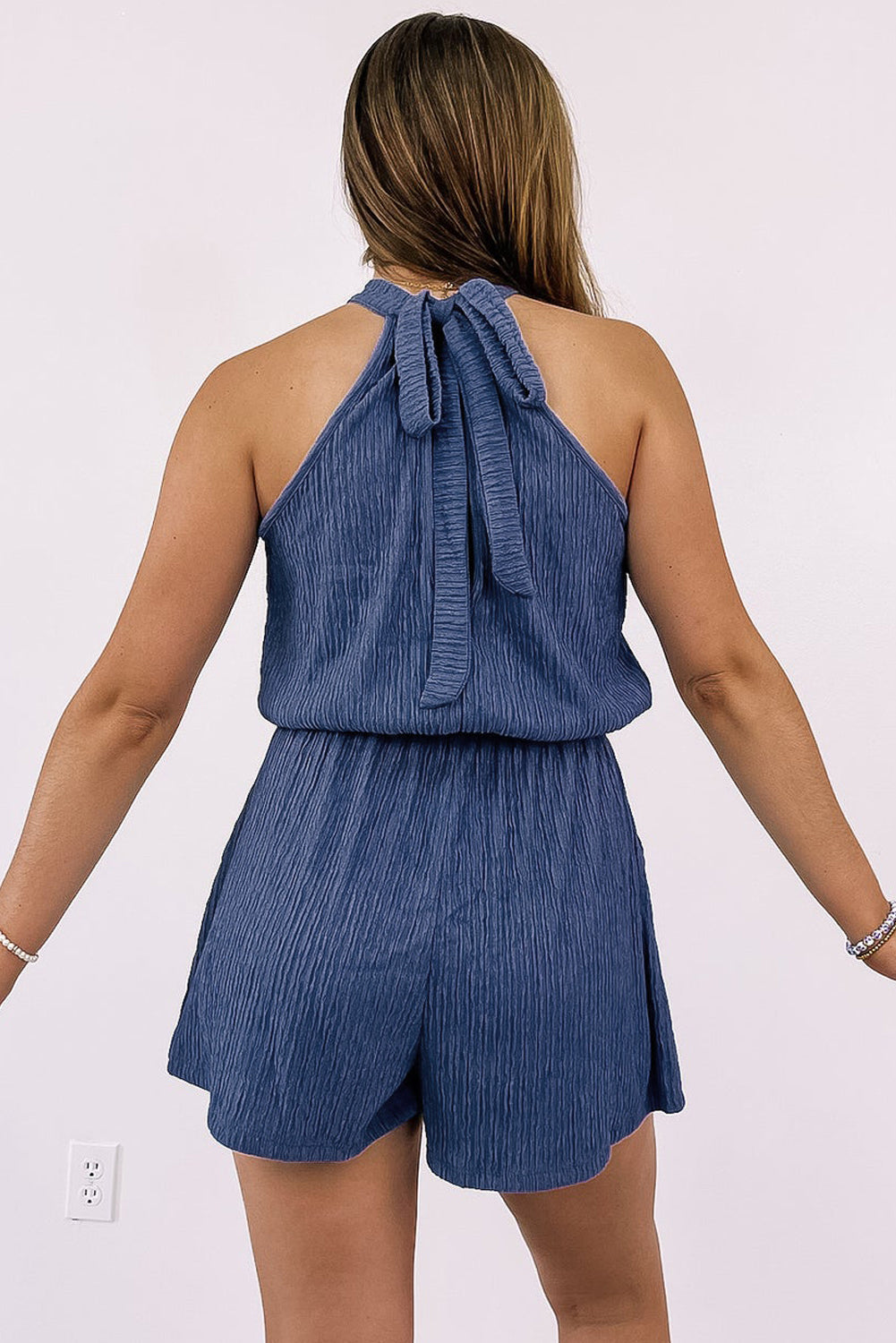 Bluing knot zurück hohen hals crinkle strukturierte romper