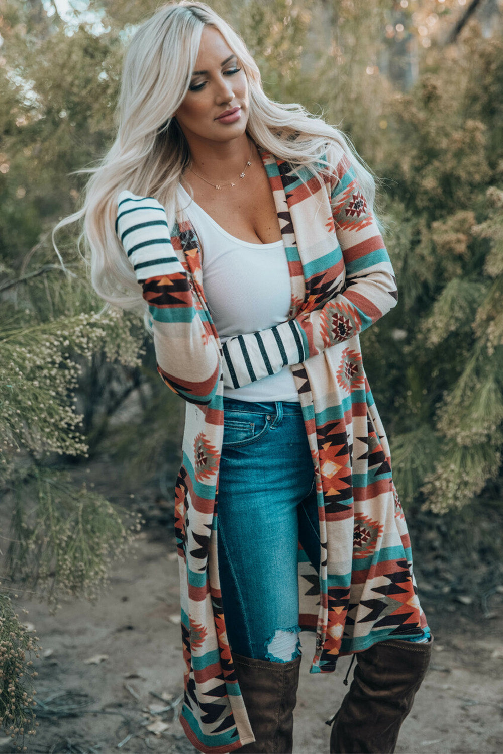 Mehrfarbig geometrisch farbe block offene vorderseite lange strickjacke