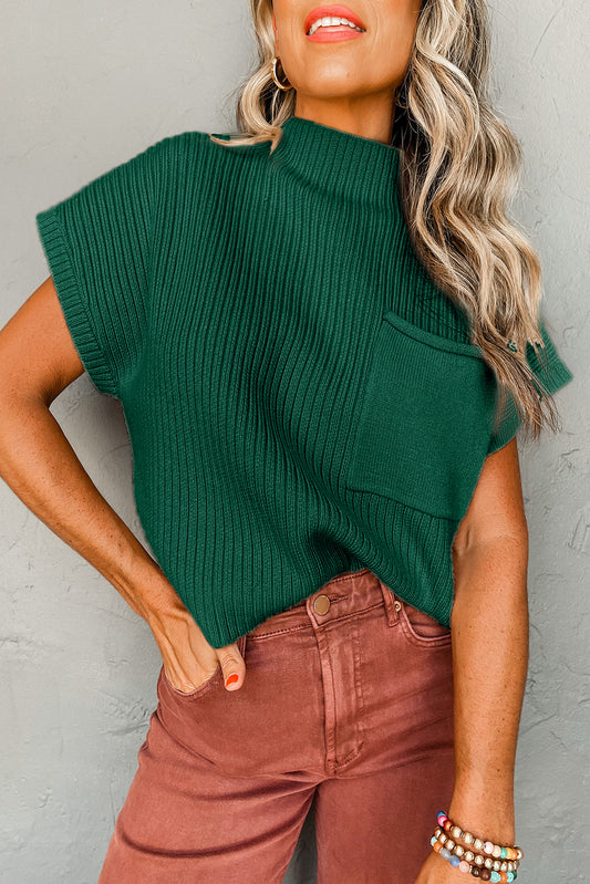 Schwarz-grüner aufgesetzter rippenstrickpullover mit kurzen ärmeln