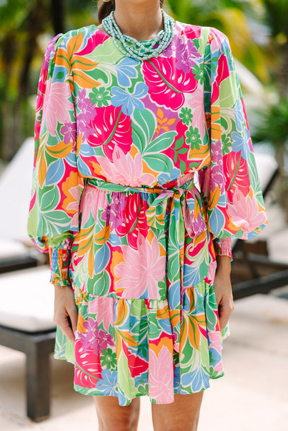 Grünes mehrfarbiges botanisches Bubble Sleeve Minikleid