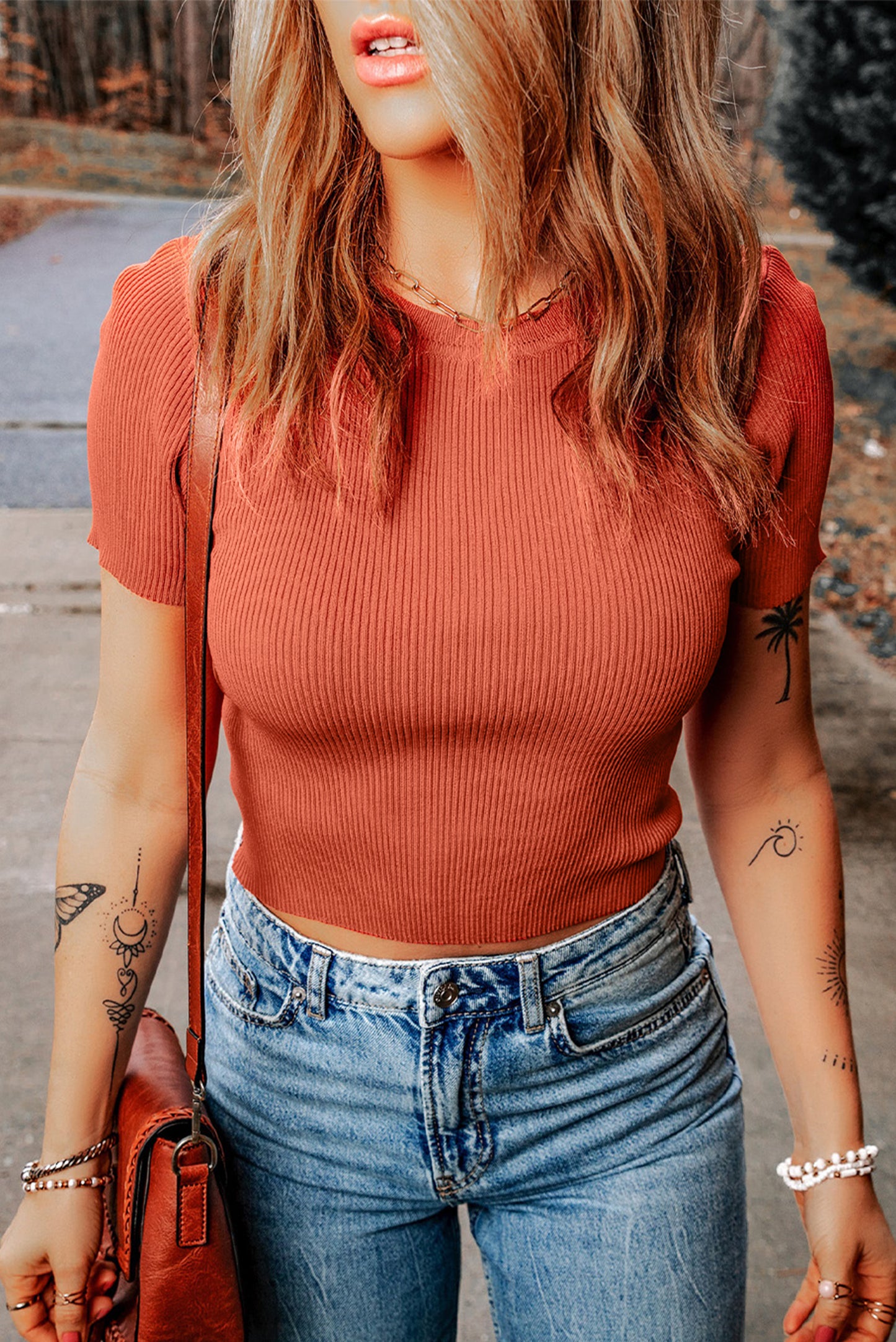 Tomatenrot rippenstrick crewneck crop sheath pullover t shirt