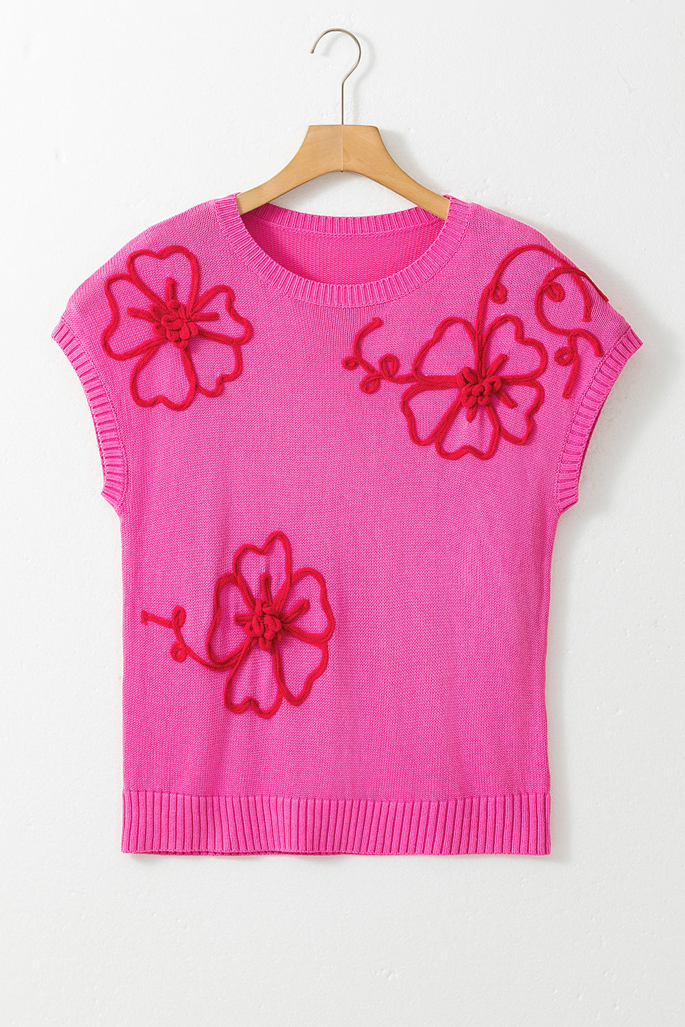 Leuchtend rosa blumenstickerei kurzarm-strickoberteil