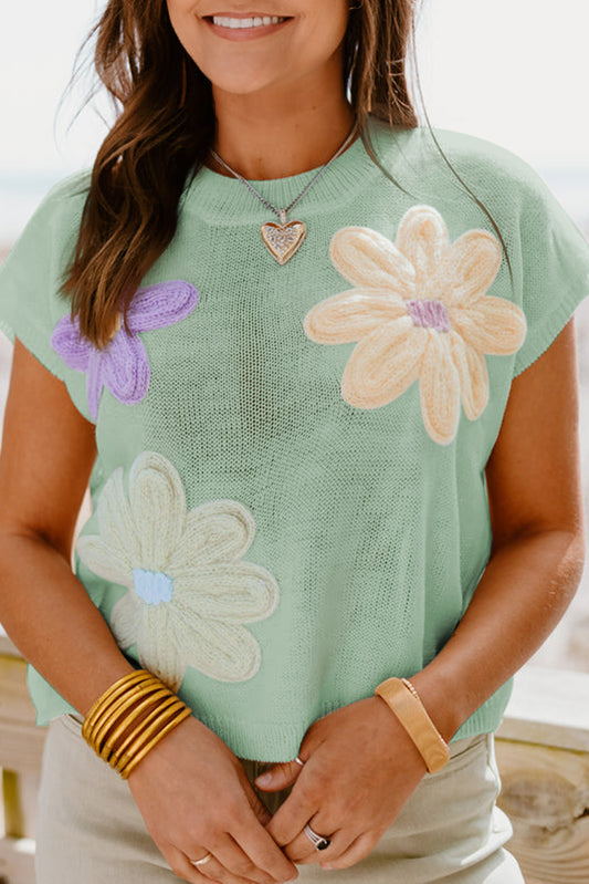 Moonlight jade multi crochet flower knit kurzarm pullover top