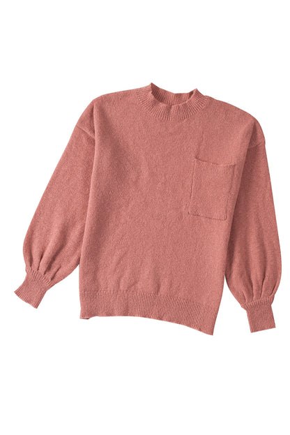 Unifarbener pullover mit puffärmeln und taschen