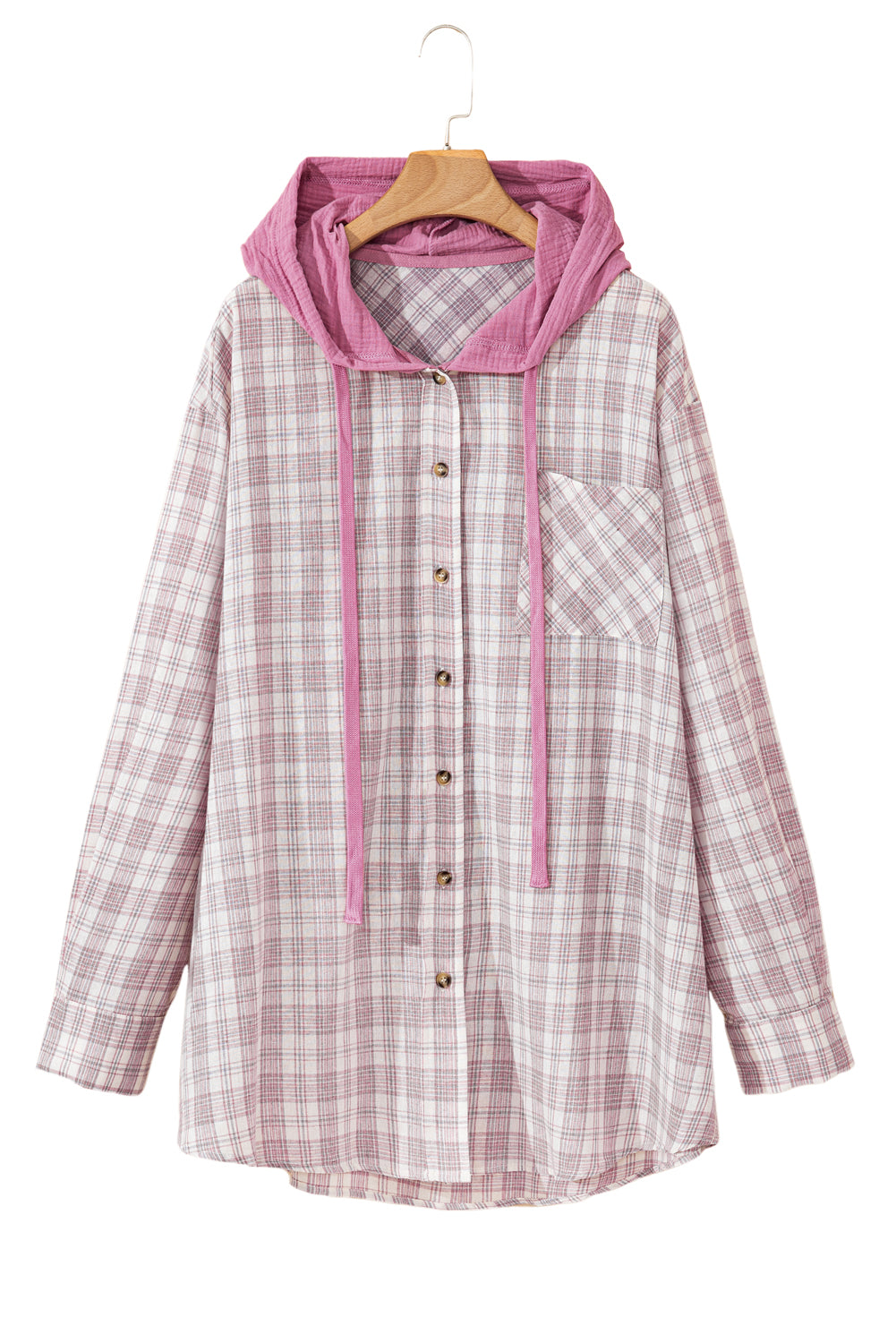 Bonbon plaid druck kordelzug mit kapuze button-up plus größe shirt