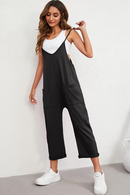 Schwarzer pocketed adjustable spaghetti strap straight leg jumpsuit