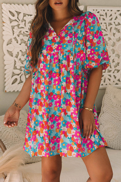 Himmelblau floral print krawatte split neck bubble sleeve babydoll kleid