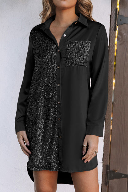 Schwarzes hemdkleid mit paillettenbesatz und geknöpften taschen