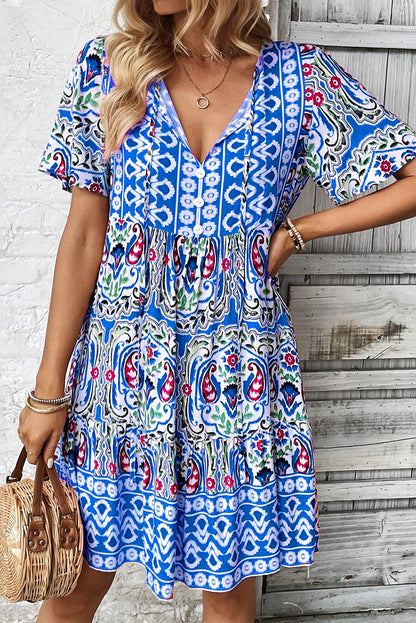 Himmelblau bohemian print krawattenausschnitt rüschensaum kurzes kleid