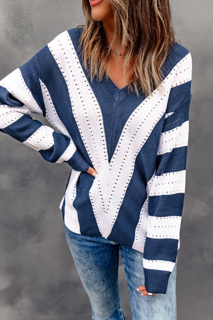 Blau gestreifter colorblock v-ausschnitt strickpullover