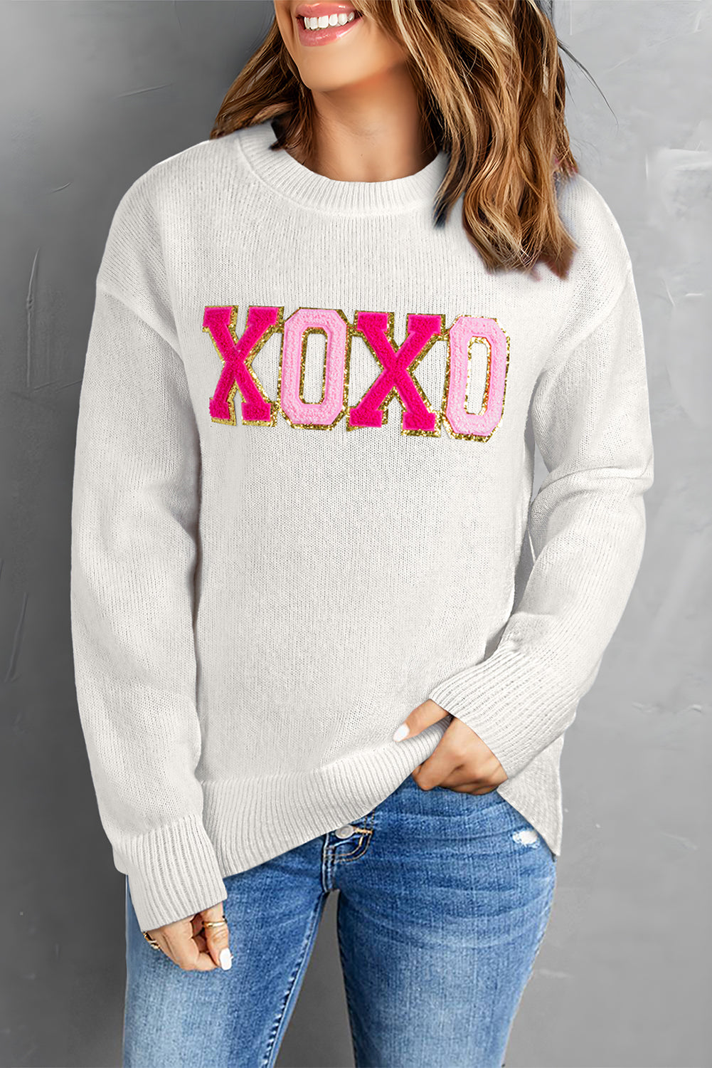 Weißer xoxo glitter print rundhalsausschnitt casual pullover