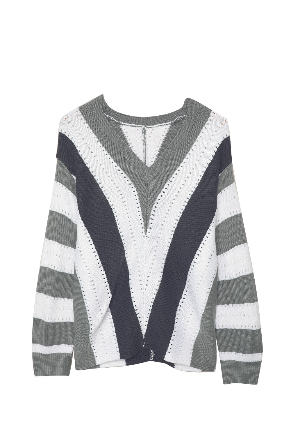 Grauer gestreifter colorblock v-ausschnitt strickpullover