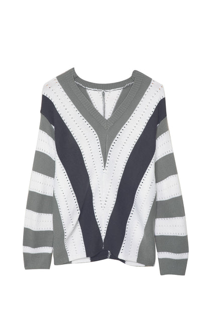 Grauer gestreifter colorblock v-ausschnitt strickpullover
