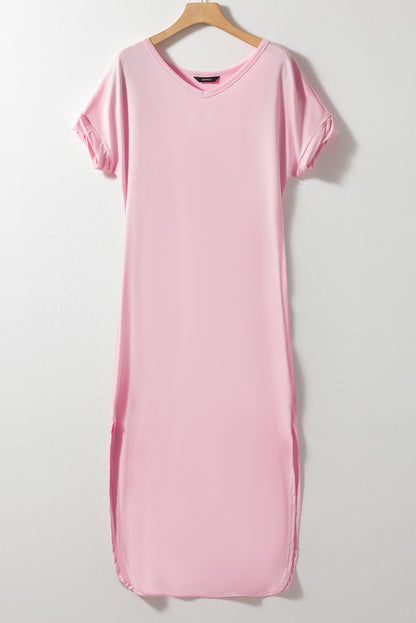 Rosa v-ausschnitt mit versteckten taschenschlitzen maxi-t-shirt-kleid