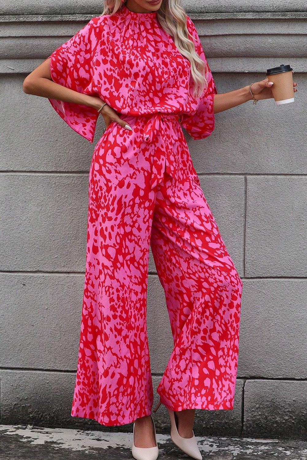 Rose leopard lose ärmel gürtel mit weitem bein jumpsuit