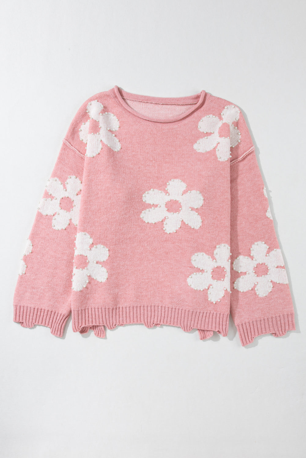 Mehrfarbiger, perlenbesetzter, floraler drop-shoulder-pullover