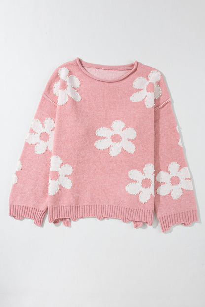 Mehrfarbiger, perlenbesetzter, floraler drop-shoulder-pullover
