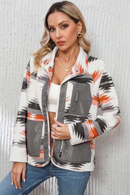 Mehrfarbige azteken fleece patchwork jacke mit druckknöpfen