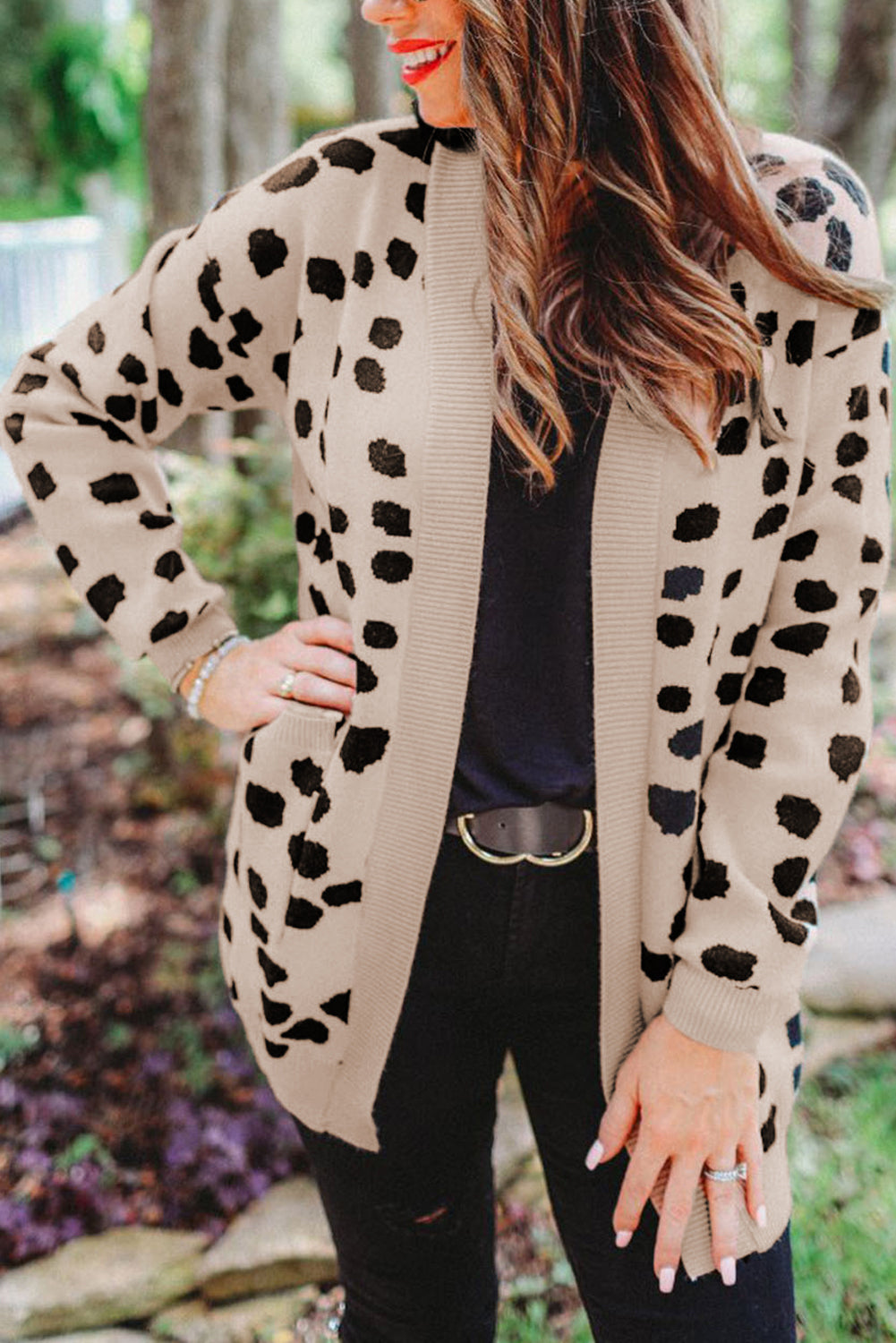 Leopardentier fleckenmuster strickjacke mit offener vorderseite