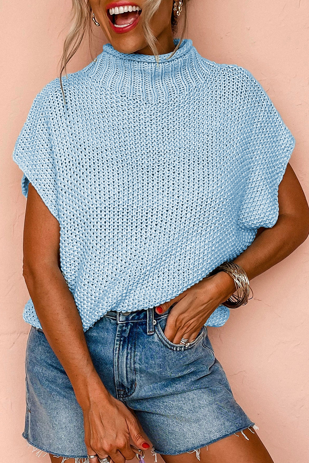 Island blau hochgeschlossener fledermaus-kurzarmpullover