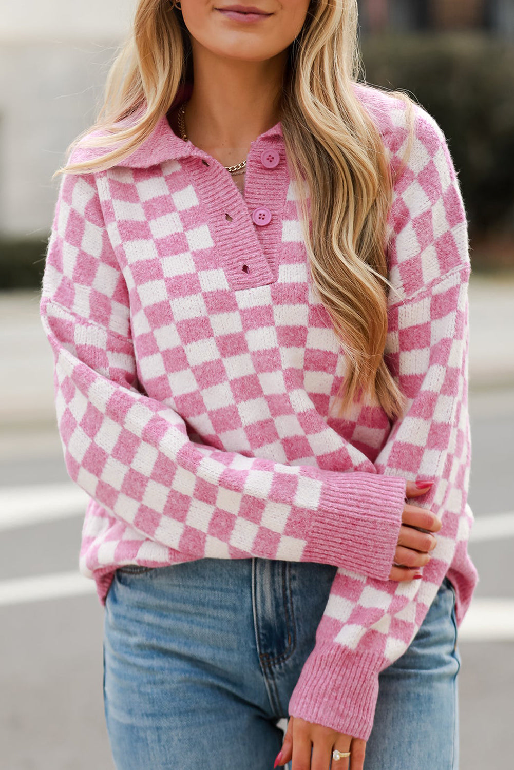 Rosa karierter knöpfe kragen v-ausschnitt drop shoulder pullover