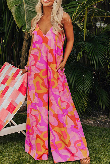 Rosa boho abstrakt druck v-ausschnitt weites bein jumpsuit
