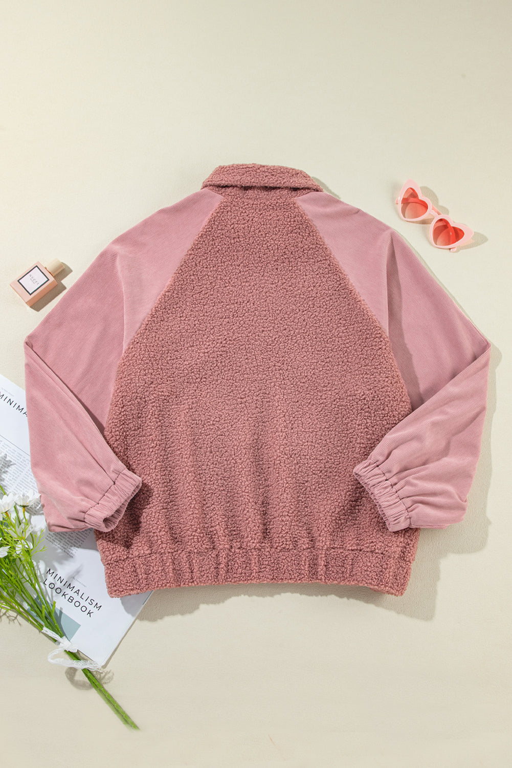 Rosa sherpa patchwork spitze elastische manschette zip up jacke