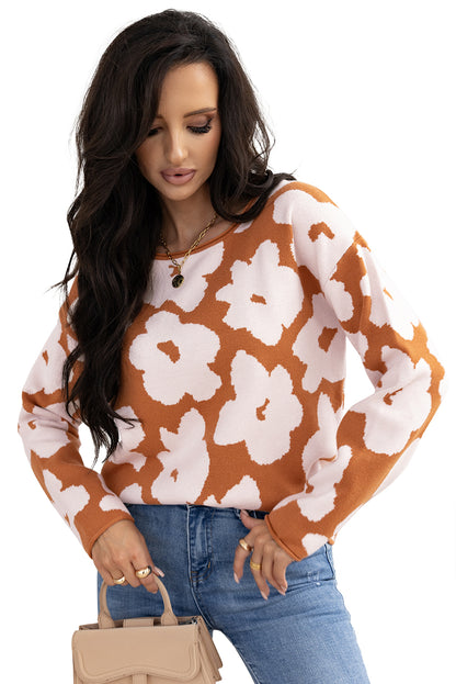 Braunes blumenmuster rundhalsausschnitt langarm pullover