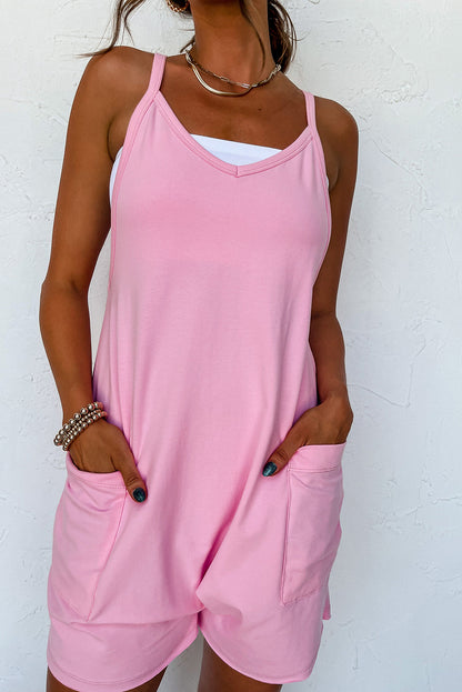 Rosa ärmelloser jersey-strampler mit v-ausschnitt und taschen