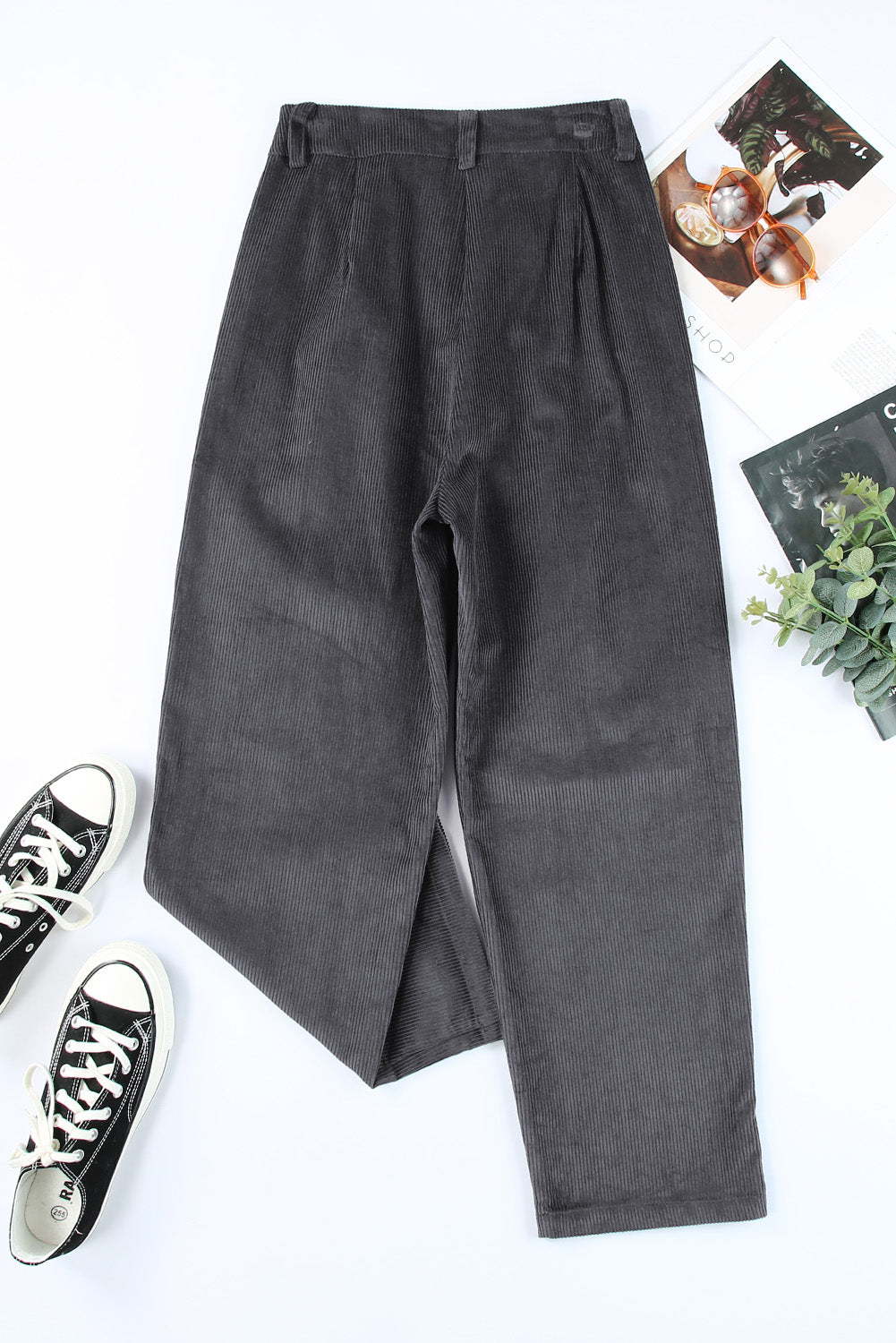 Graue kordhose mit hoher taille und geradem bein