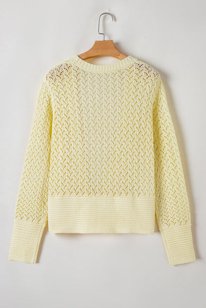 Gelbe creme pointelle-strickjacke mit offener vorderseite